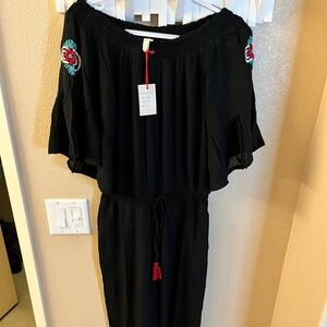 NWT RAGA NEW Anthropologie Black Off Shoulder Embroider Boho Jumpsuit S